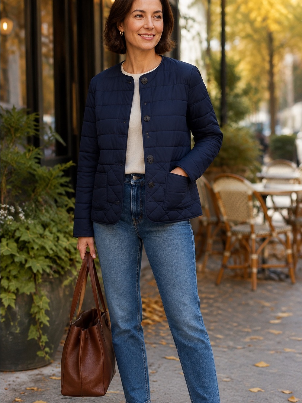 Talbots Navy Quilted Round-Neck Puffer Jacket